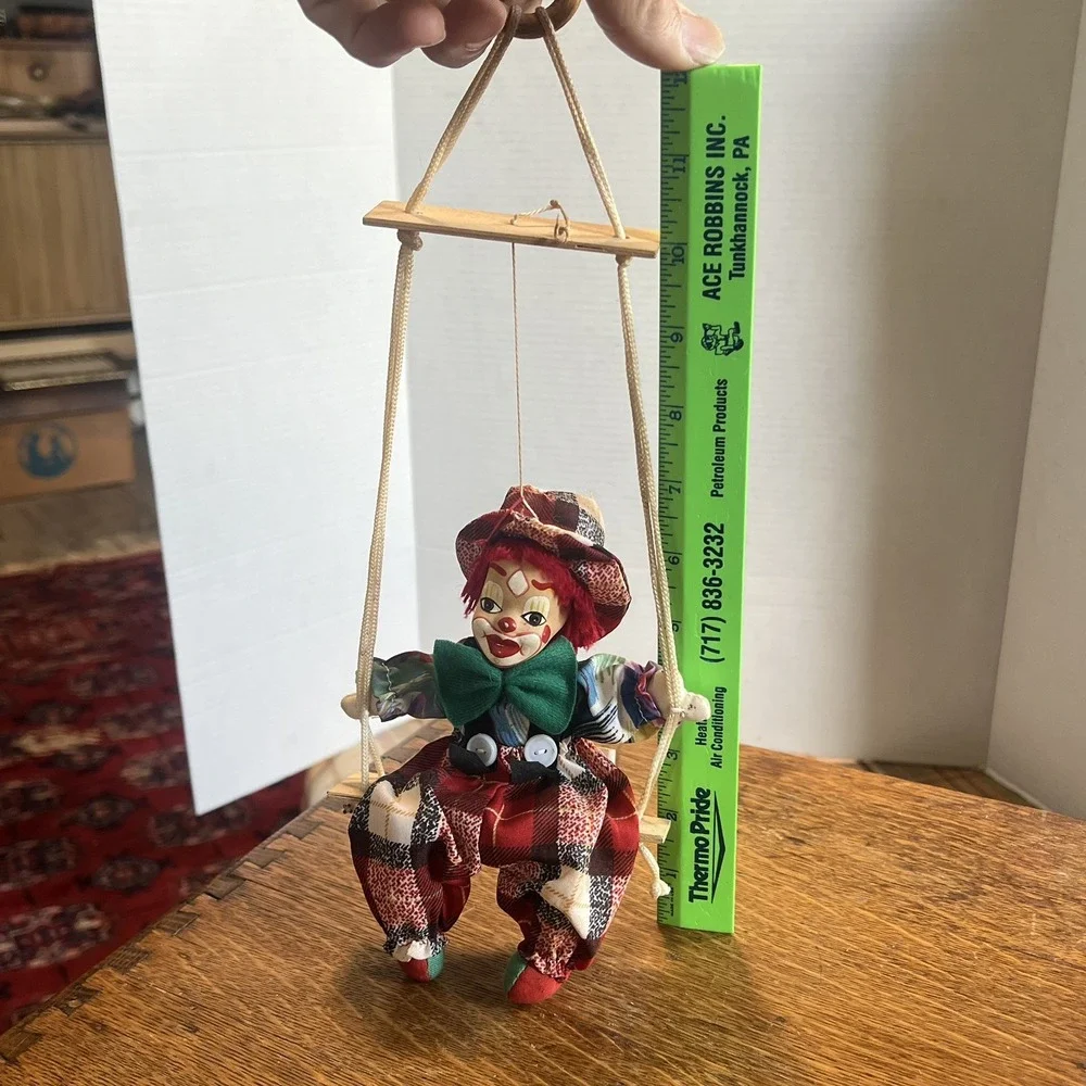 Vintage Ashley Belle Clown Boy Doll on Wooden Swing Porcelain Face Collectible